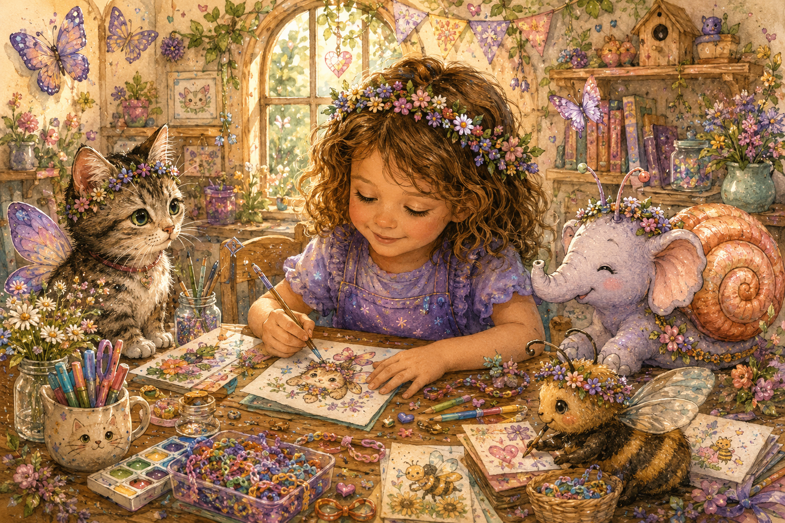 Indy painting Kitty Hollow characters at her craft table with her kitty fairy, bee and snailephant friends